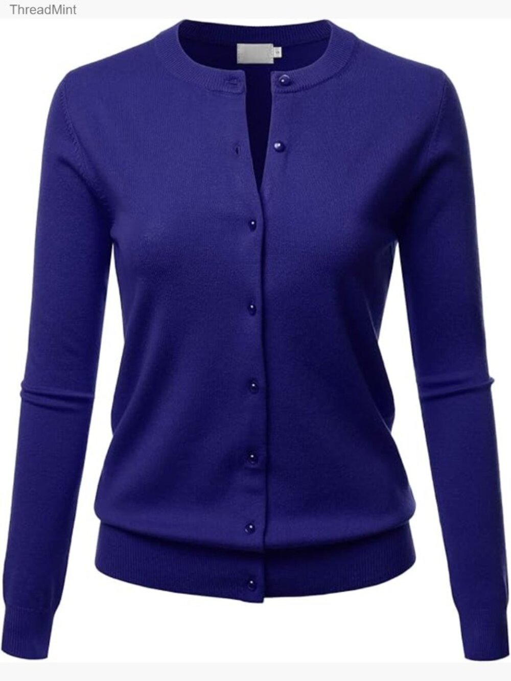 Crew Neck Gem Button Long Sleeve Soft Knit Cardigan Sweater